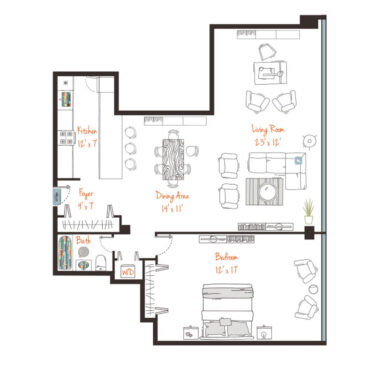 Rendering of the (A2p) One Bed w/ Flex Space Floor Plan