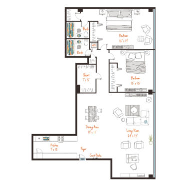 Rendering of the (C2p) Two Bed, Two Bath Floor Plan