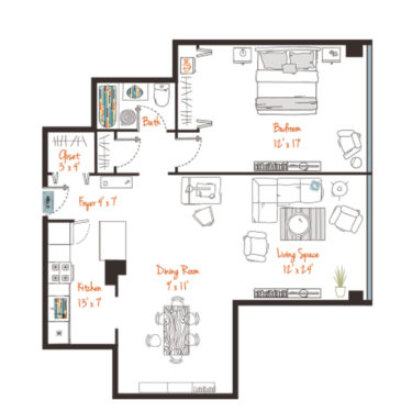 Rendering of the (A1p) One Bed, One Bath Floor Plan