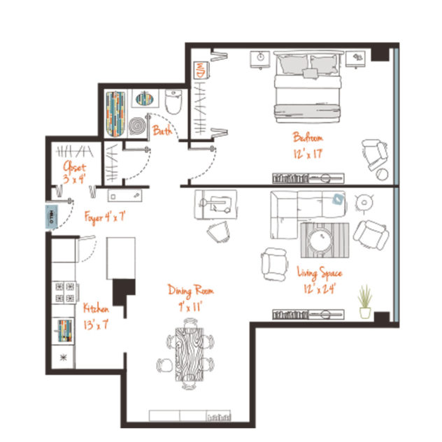 Rendering of the (A1p) One Bed, One Bath Floor Plan