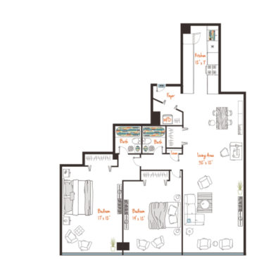 Rendering of the (Cp) Two Bed w/ Flex Space Floor Plan