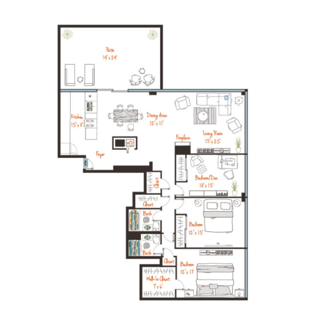 Rendering of the (D2p) Three Bed w/ Private Terrace Floor Plan