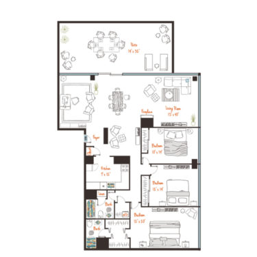 Rendering of the (D5p) Three Bed w/ Private Terrace Floor Plan